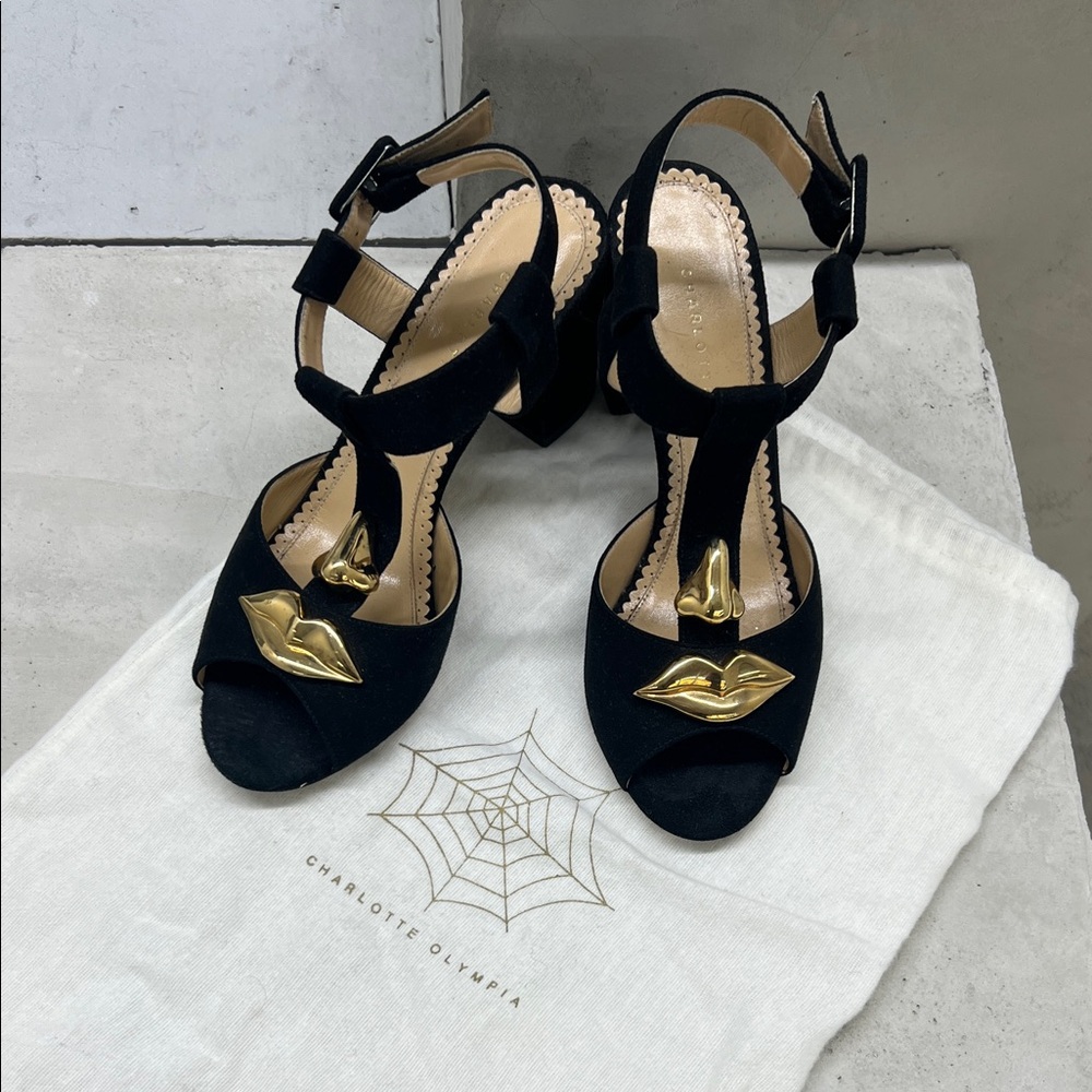 Charlotte Olympia Black Heels with Gold Accents